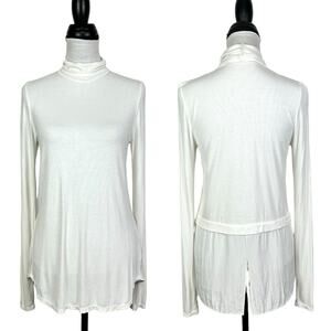 Lola & Sophie Ivory White Ribbed Turtleneck Long Sleeve Back Slit Layered Tee